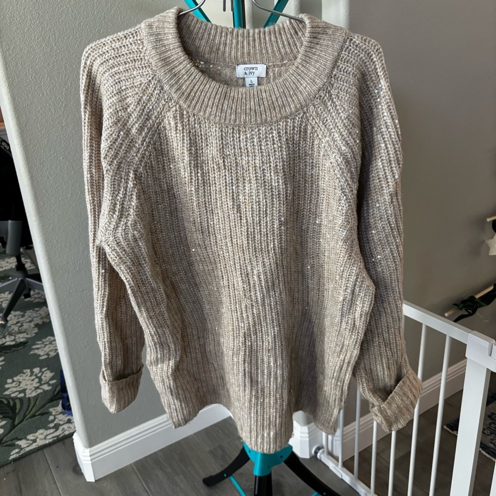 crown & ivy Beige Crew Neck Sweater